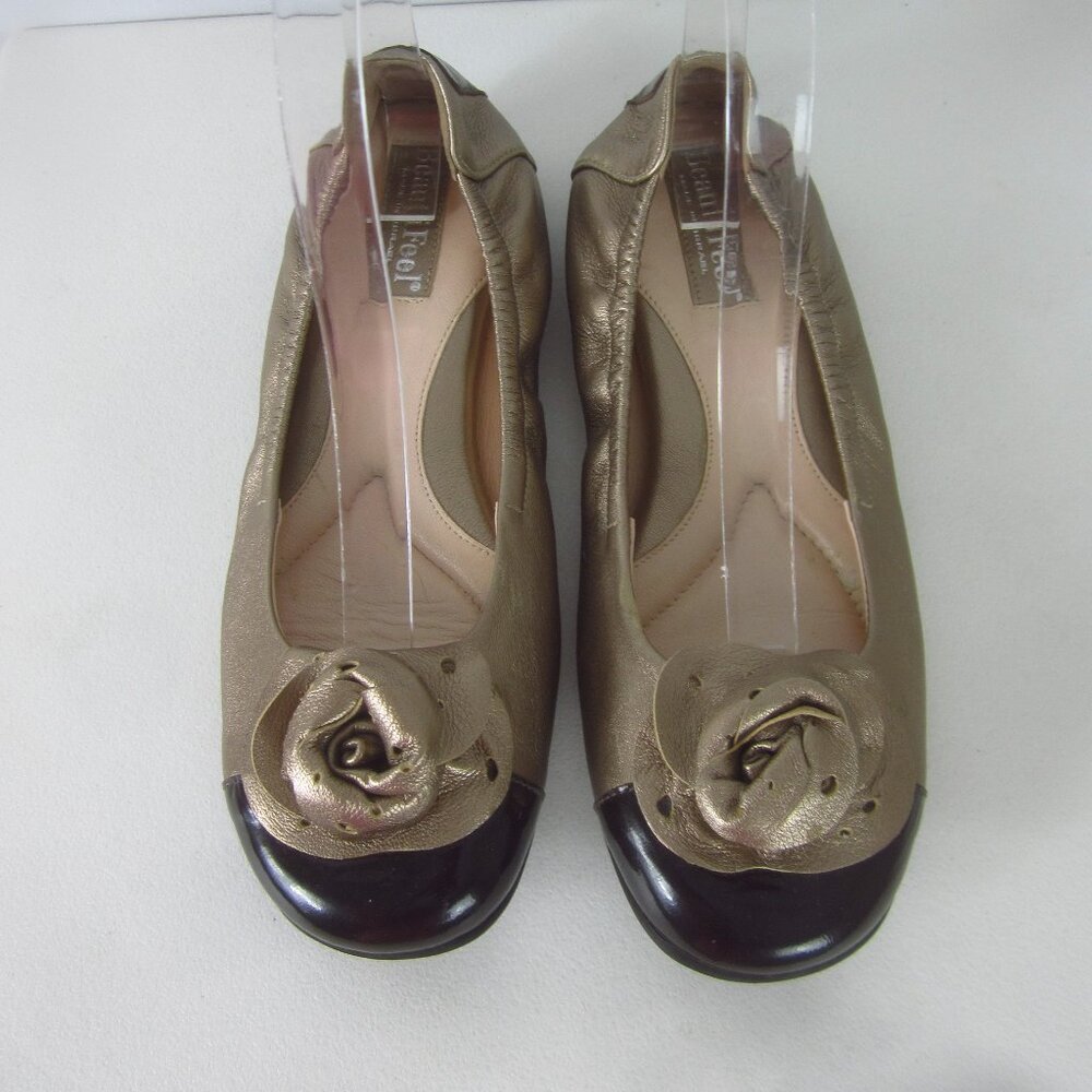 BeautiFeel Womens 7 M Metallic Gold Black Leather Rosette Ballet Flats 38